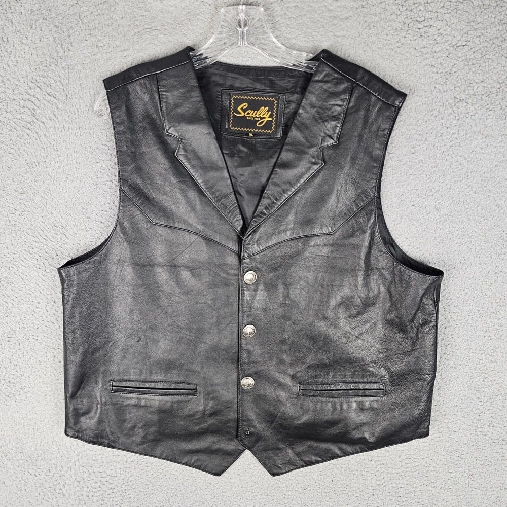 Scully Vest Mens XL Black Leather Western Buffalo Nickel Button Biker Cowboy